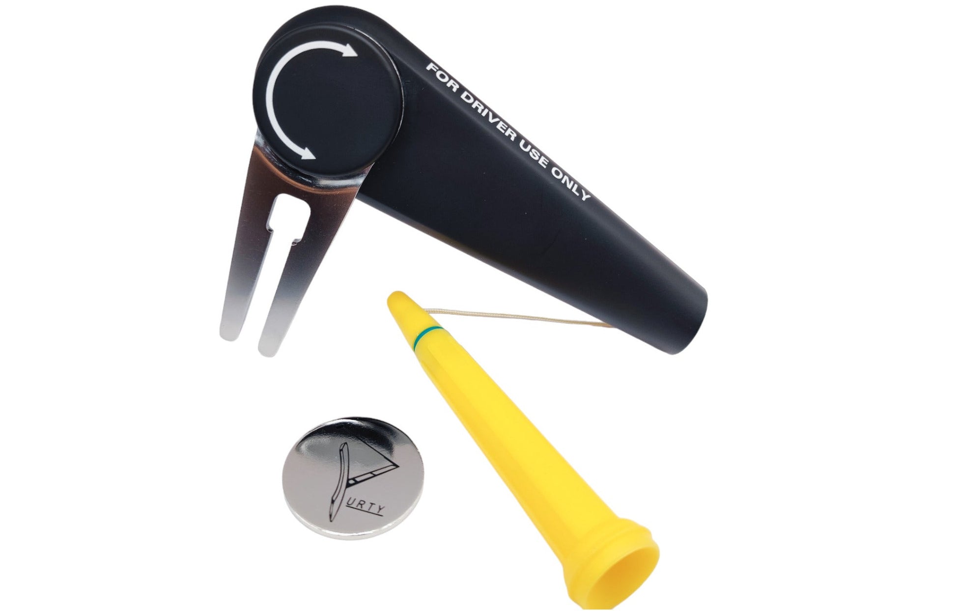 Yurty 3 in 1 Golf Accessory, A fold-out pitch-mark repairer. A magnetic button, equipped with a metal ball marker.